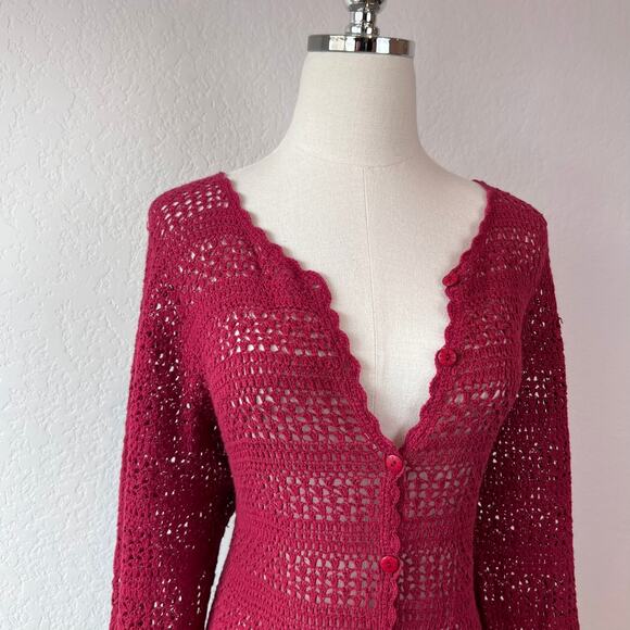Vintage Y2K Crochet Button Up Cardigan Sweater size Large Burgundy Whimsygoth - Picture 3 of 11